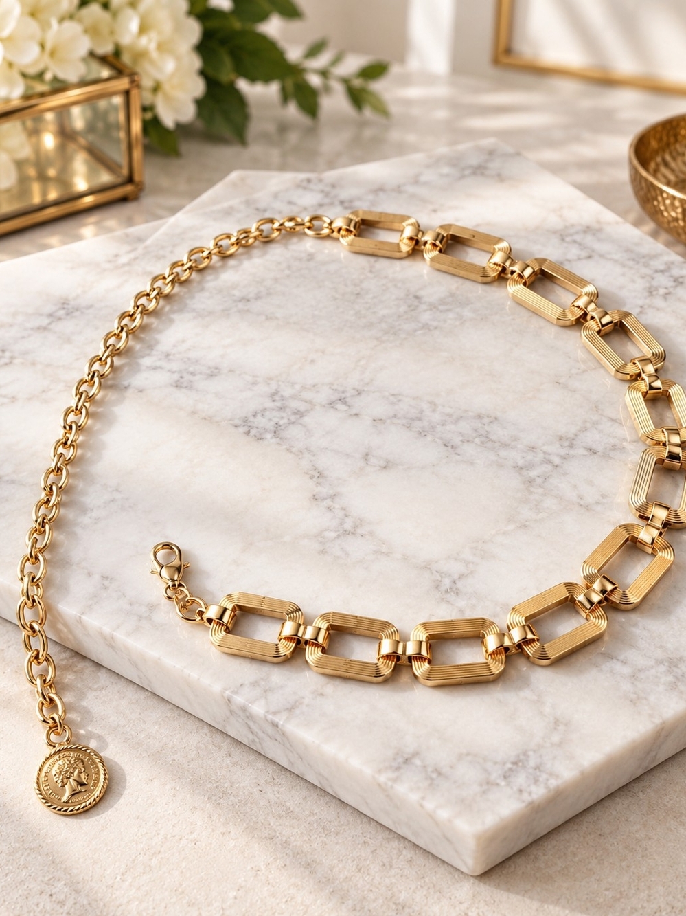 White House Black Market Gold Tone Geometric Chain Belt WHBM Adjustable